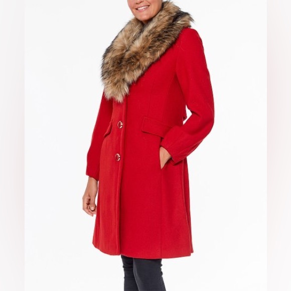 Kate Spade New York Fire Red Faux Fur Collar Wool-Blend Coat NWT